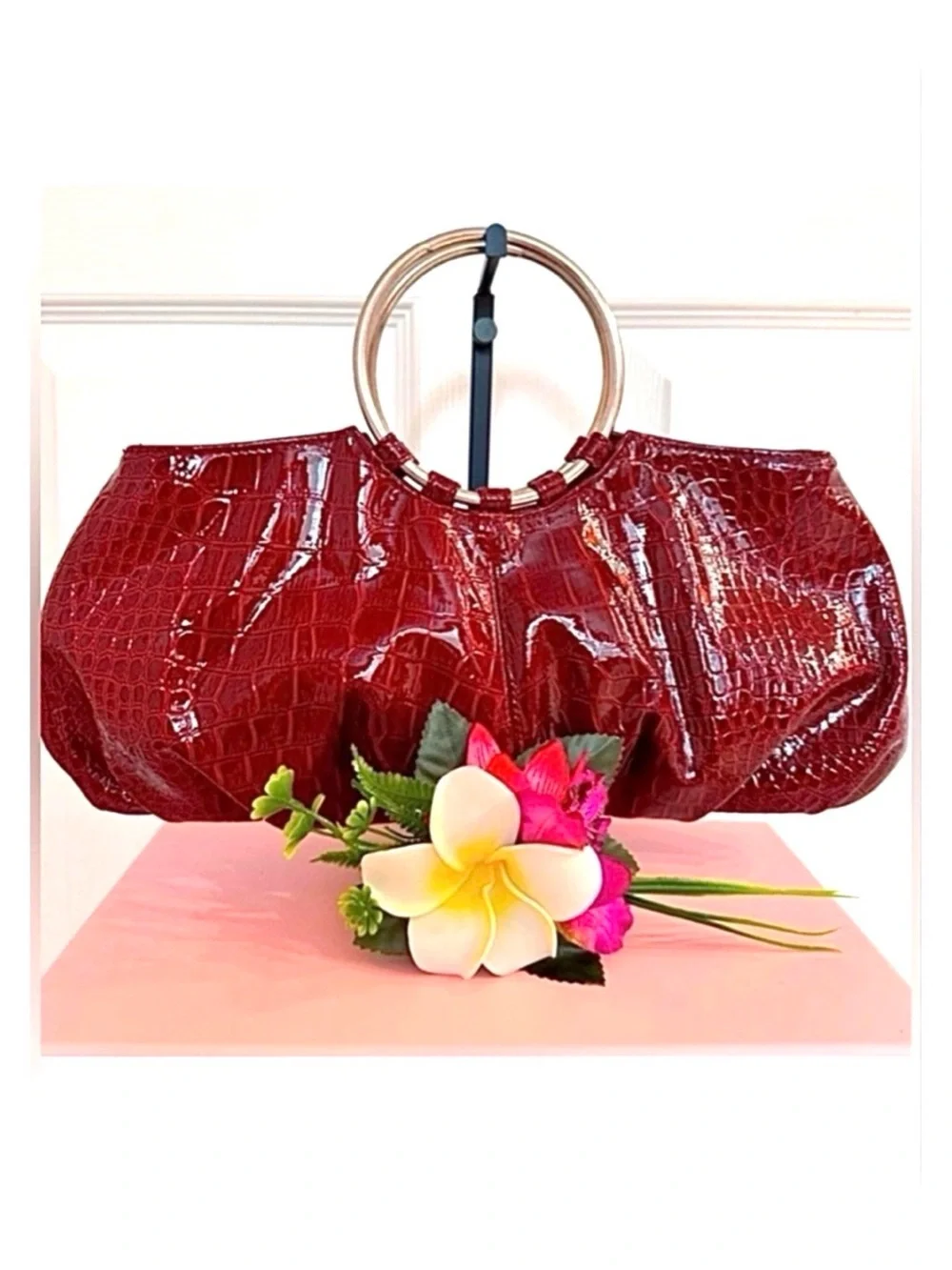 CHATEAU ~ Wine-Colored Croc Embossed Bag Silver Circular Handle Date Night